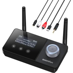 SOOMFON Dual Antenna Bluetooth Transmitter for TV Bluetooth 5.3 Receiver 3-in-1 to 2 Headphones with LCD Display Volume Control Optical AUX RCA for TV Home Stereo Speaker