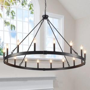 48" 16-Light Wagon Wheel Chandelier, Extra Large Chandeliers for High Ceilings, Modern Black Round Farmhouse Chandeliers for Dinning Room Kitchen Entryway Foyer Living Room