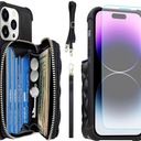 MONASAY Zipper Wallet Case Fit for iPhone 14 Pro Max, 6.7in [Glass Screen Protector ][RFID Blocking] Flip Leather Handbag Phone Cover with Card Holder and Crossbody Lanyard Strap, Black