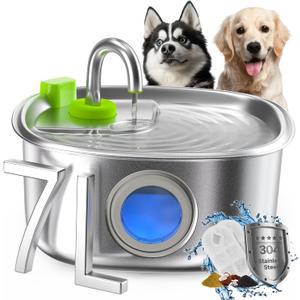 Dog Water Fountain Stainless Steel, 236 Oz/7L Automatic Dog Water Bowl Dispenser, Quiet Cat and Pet Water Dispenser Fountain with 2 Filters for Large Dogs, Cats, Multi-Pets - FS20