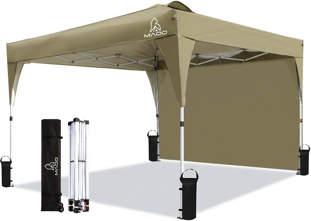 MAOO 10x10 Pop Up Canopy Tent with Sidewall, Easy Setup Instant Outdoor Canopy, 210D Silver Coated Waterproof UPF 50+ Sun Shade Shelter, Heavy Duty Steel Frame, Roller Bag, Khaki (118"L x 118"W x 98.4"H)