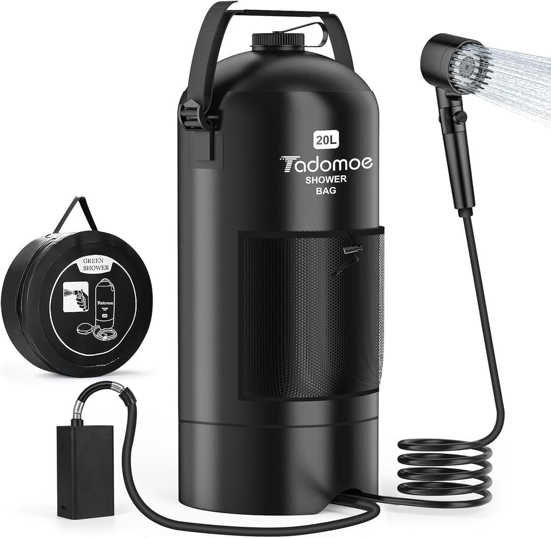 Portable Shower for Camping, 5 Gal/20 L Solar Heating Camping Shower Bag with Shower Pump, Portable Shower Head, Essential for Camping,Festivals, Overlanding, Beach Trips,Outdoor Showers (Jet-Black)