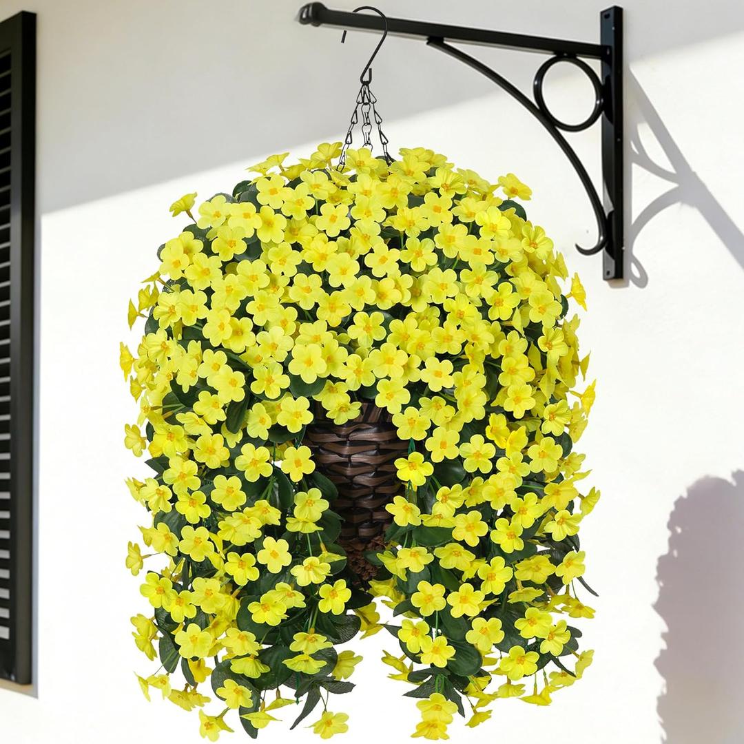 Artificial Faux Hanging Flowers Plants Baskets for Outdoor Outside, Fake Silk Yellow Orchid Trailing Vines in Planter Realistic UV Resistant for Balcony Porch Decor