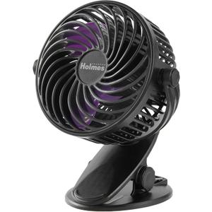 Holmes 4 On-The-Go Personal Fan with Clip 3 Speeds, 360 Rotation, Rechargeable Battery, USB-C Charging, Compact, Black with Purple Blades, Ideal for Desks & Personal Spaces