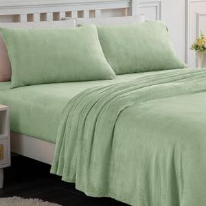 Softan Fleece Sheets Queen Size, Flannel Like Soft, Fuzzy Warm Plush Sheets, Velvet Polar Microfleece Bedding for Winter, Olive Green