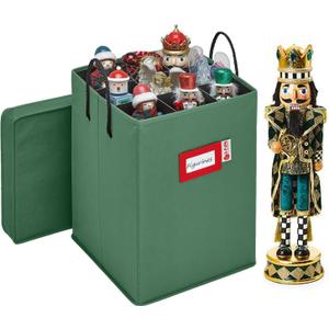 Christmas Nutcracker and Figurine Collectible Storage Box, Fits 16 Holiday Ornaments, Stores Up to 16" Tall Ornaments, Holiday Decor Organizer with Dividers, Nutcracker not Included(Green)