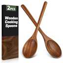 2PCS Wooden Spoons for Cooking, Natural Acacia Wood Cooking Spoons, Large Serving Spoons for Nonstick Cookware, Heat Resistant Durable Wooden Kitchen Utensils for Mixing Salad, Serving and Stirring