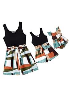 PATPAT Mom and Daughter Matching Jumpsuits - Black Tank Top with Floral Wide-Leg Shorts (Large, 12-18 Months),
