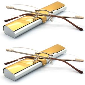 Rimless Reading Glasses with Slim Case Men and Women, Black, Gold and Gunmetal