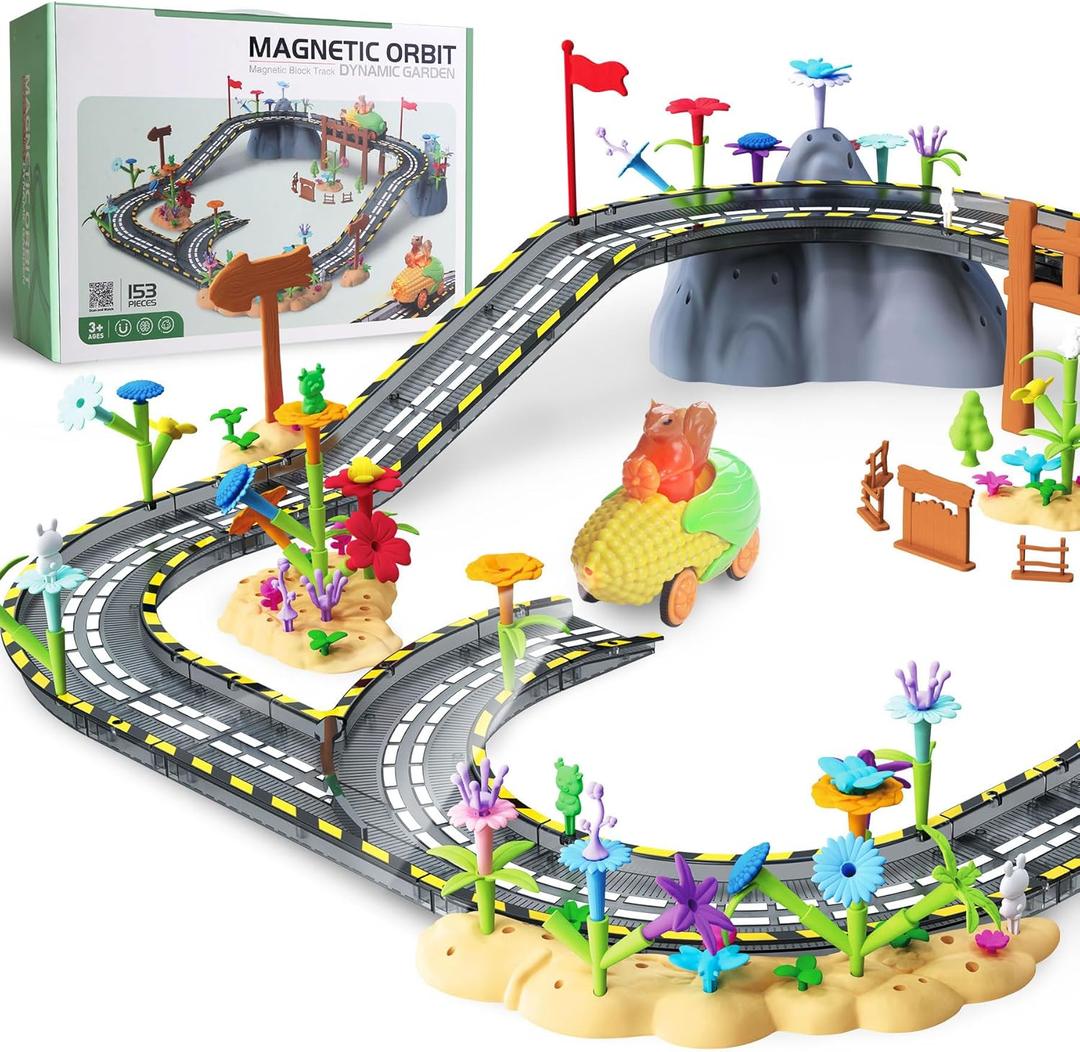 153PCS Magnetic Tiles Road Set with Toy Car & Flowers Building Toy, Magnet Tiles for Kids, Magnetic Building Blocks, STEM Toy Gift for Boys and Girls, Garden Track Themed