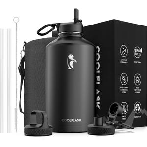 Coolflask Gallon Water Bottle Insulated with Straw&3 Lids, 128 oz Water Jug Large Stainless Steel Metal Vacuum Wide Mouth for Sports, Gym or Office, Non-BPA Keep Cold 48H Hot 24H, Magic Black