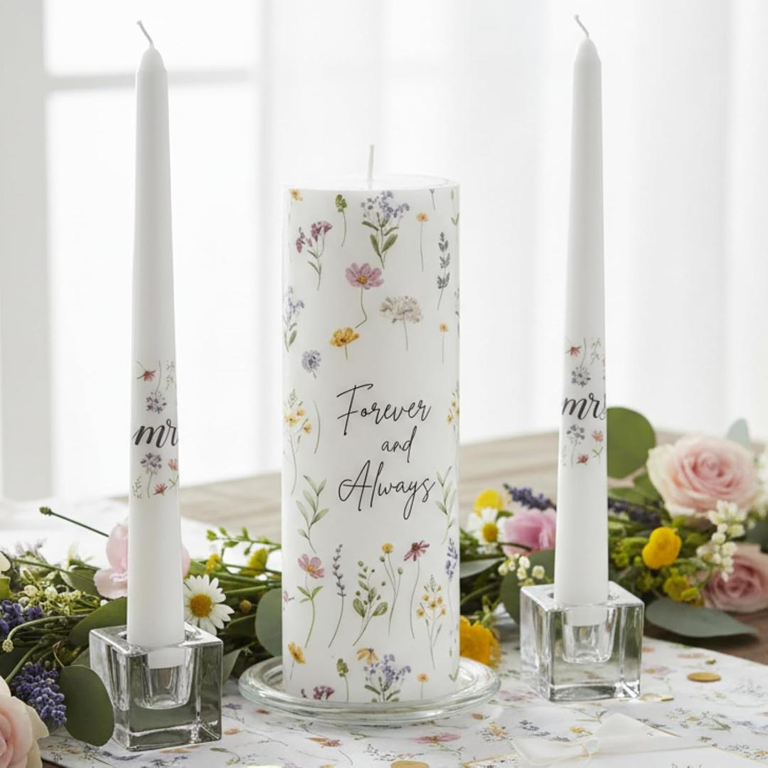 Irenare Unity Candles with Holder for Wedding Ceremony Unity Candle Set Wedding Table Decorations Accessories for Formal Events Church (Wildflower)