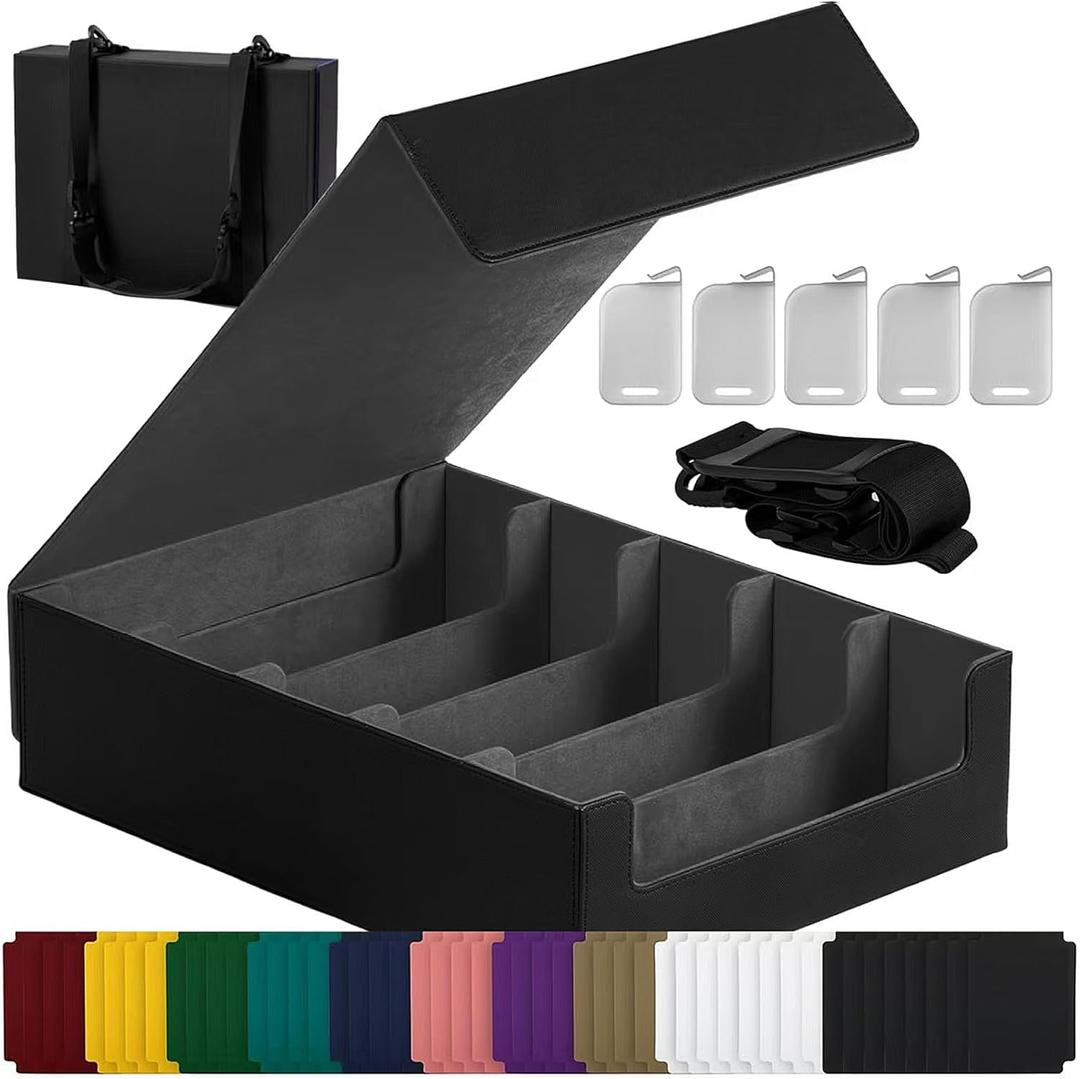Magnetic Leather Trading Card Storage Box - 5-Row Deck Case Design, 3900+ Capacity for YuGiOh, MTG, TCG and Sports Cards, Includes 24 Colorful Dividers & 5 Card Supports (15.8in, Black)
