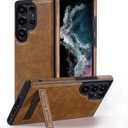 Leather Case with Stand for Samsung Galaxy S25 Ultra Case, Protective Soft Grip Luxury Cover for Men, Protective Slim Kickstand Shockproof Phone Cases Compatible with S25 Ultra, Brown