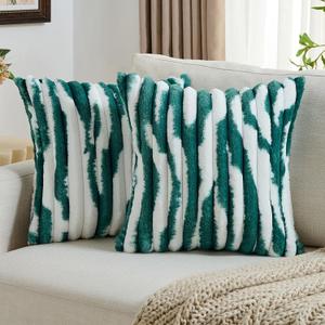 FUTEI Pack of 2 Faux Fur Plush Throw Pillow Covers 20x20 Inch Soft Tie Dye Striped Textured Farmhouse Decorative Cushion Covers Modern Home Decor for Couch Bed Living Room, Green White