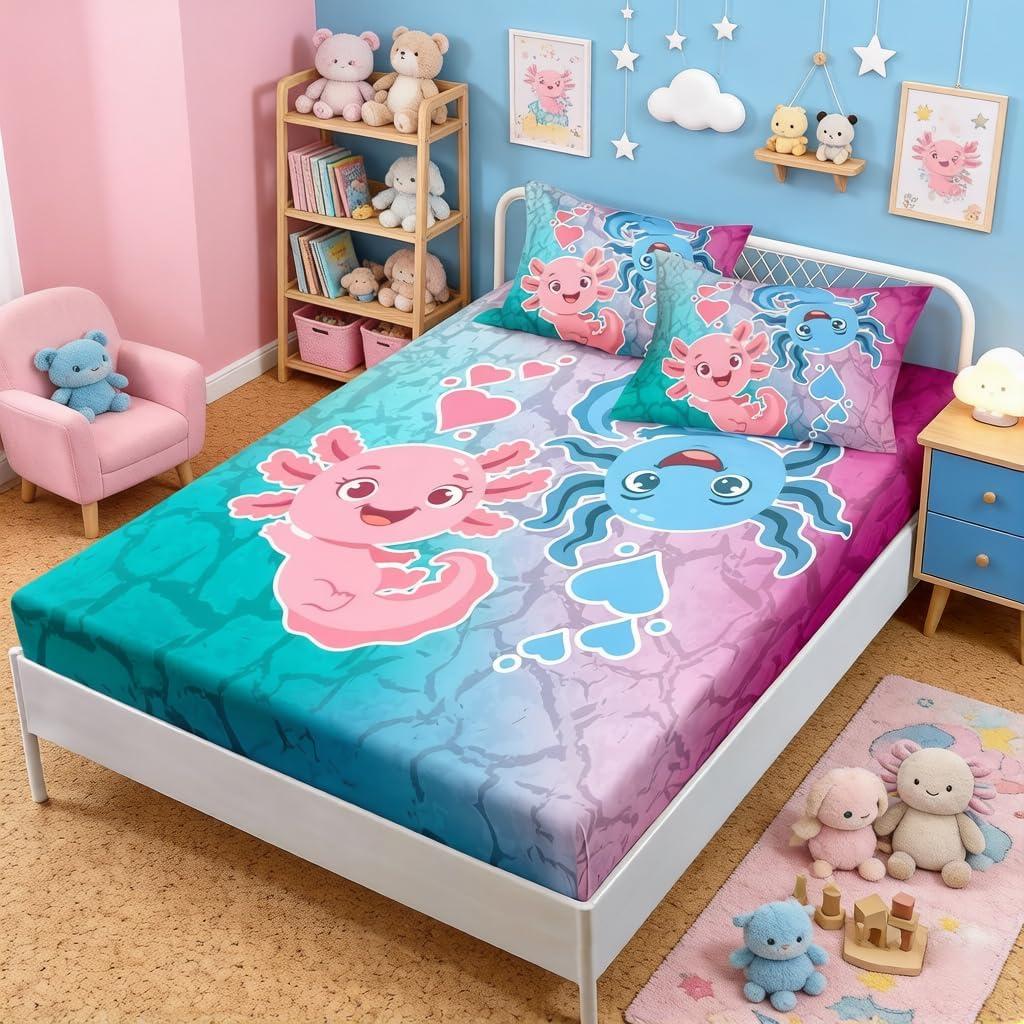HOSIMA Axolotl Bedding Set Pink and Blue Axolotl Pattern Kawaii Twin Fitted Sheet Set for Kids Bedroom Decor,1 Fitted Sheet+2 Pillowcases