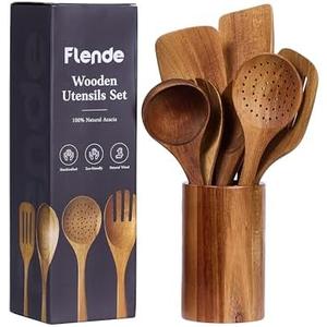 Flende Wooden Cooking Utensils Set, 8-Piece Acacia Wood, Rustic, Non-Scratch, Heat Resistant, Natural Color, Plastic Free, Kitchen Utensils Set
