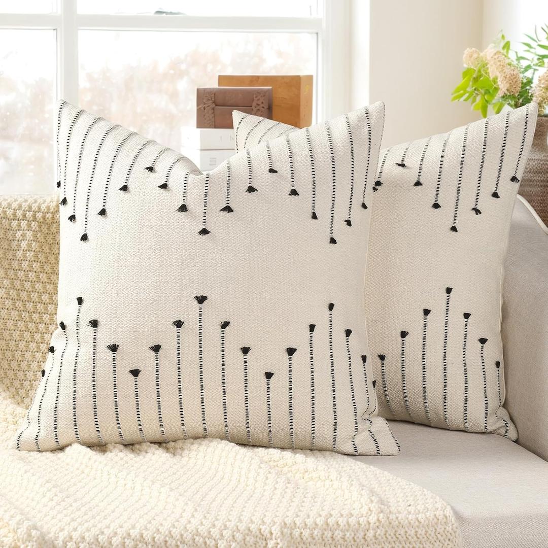 YCOLL Boho Spring Throw Pillow Covers 22x22 Set of 2 Neutral Woven Decorative Pillowcases Cotton Tufted Couch Pillows Modern Farmhouse Cushion Covers for Sofa Couch Bed Living Room Home Decor, Black