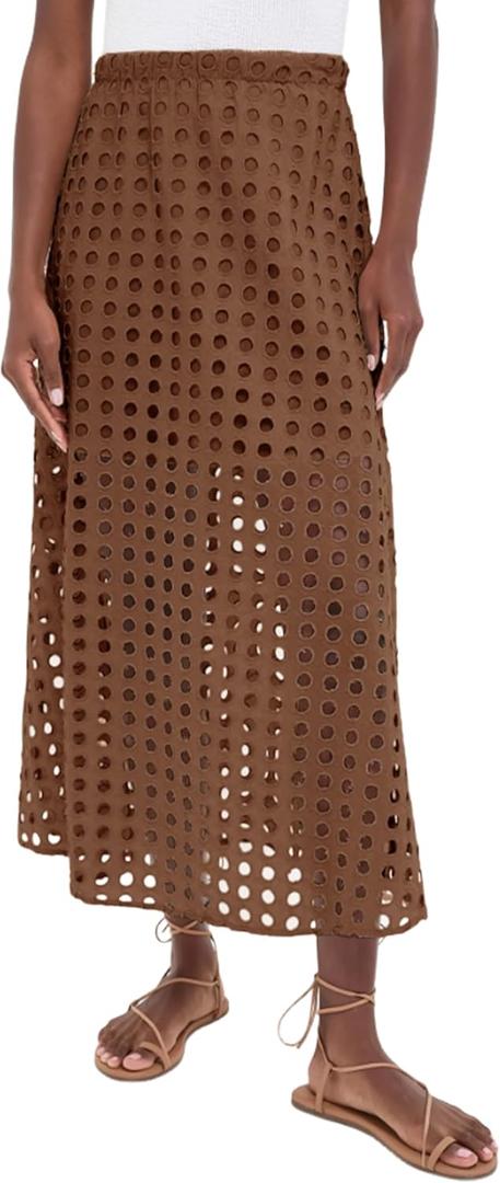 Ailoqing 2025 Summer Casual Long Skirt for Women Cotton Eyelet Beach Maxi Skirt with Underneath(Brown-L) Ailoqing 2025 Summer Casual Long Skirt for Women Cotton Eyelet Beach Maxi Skirt with Underneath(Brown-L)