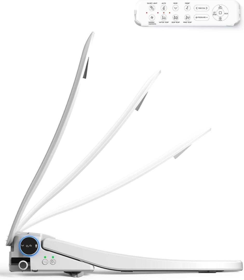 Sosh Auto Open Lid Bidet Seat, Smart Max Electric Toilet Seat with Instant Warm Water, Dryer, Front and Rear Wash, Remote Control, Self-Cleaning Nozzle, Eco Mode