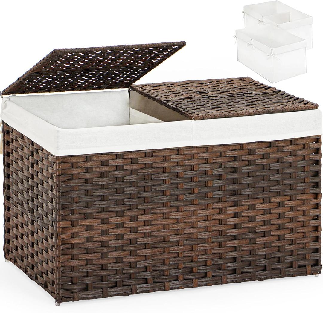 Storage Basket with Lid Wicker Baskets for Storage with 2 Separate Lid 42.3 Gallon (160 L) 29.9 x 17.3 x 18.1 Inches Rattan Woven Large Wicker Basket with 2 Liners for Bedroom Laundry Brown (160L-29.9L*17.3W*18.1H)