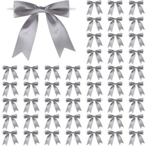 50 Pcs 5 Inches Twist Tie Satin Ribbon Bows Pretied Premade Craft Bows for Treat Bags Gift Wrapping Basket Wedding Baby Shower Brithday Christmas Party (Grey)