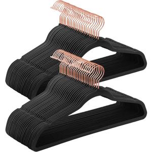 SONGMICS Velvet Hangers 50 Pack, Non-Slip with Rose Gold-Colored Swivel Hooks, Slim Space-Saving for Closet, Heavy-Duty, Black UCRF026B50