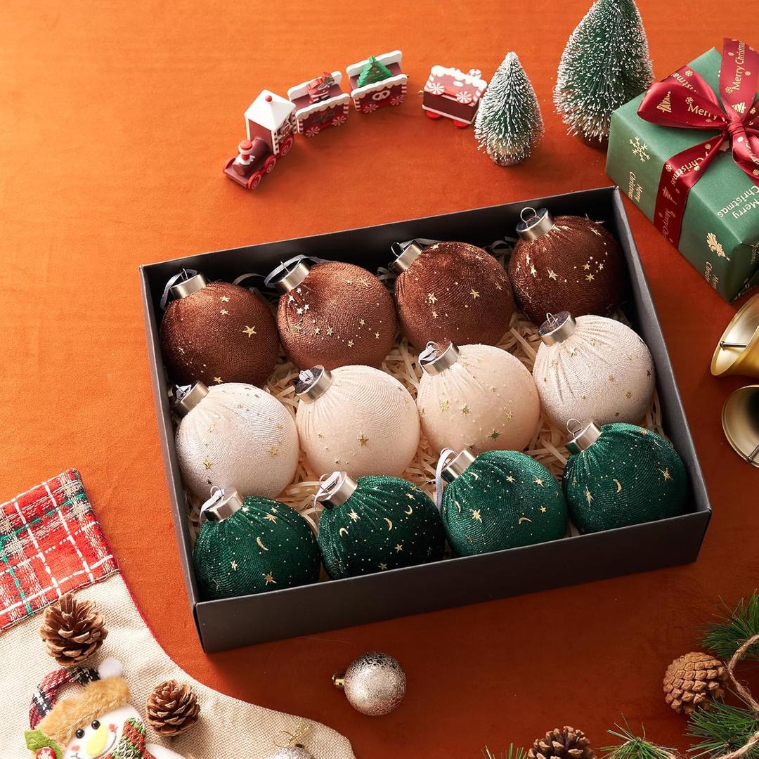 Christmas Ball Ornaments, 15 Pcs Ornaments with Velvet, Multicolor Xmas Decorations for Christmas Tree Holiday Decor (Green & Khaki)