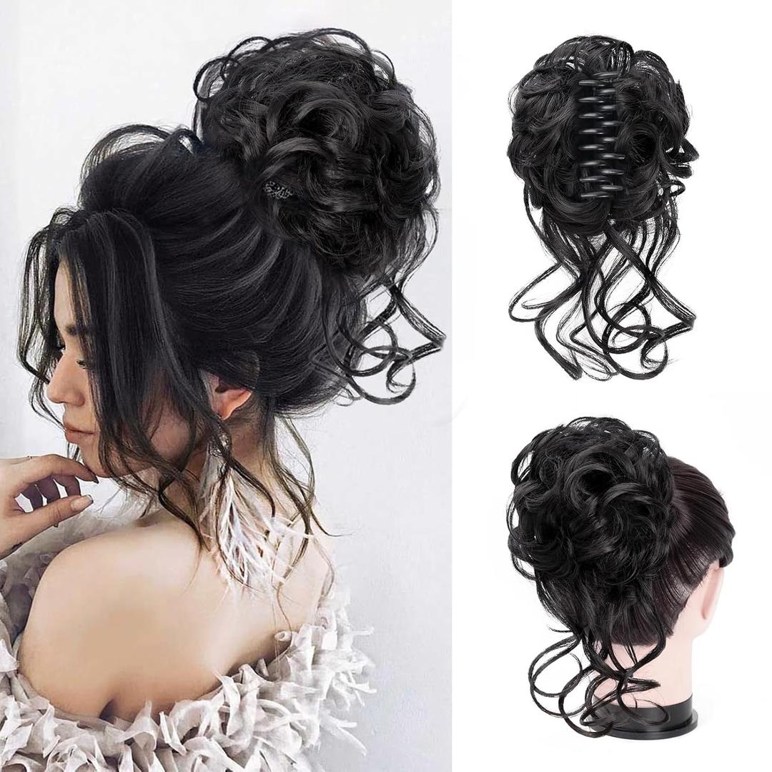 Messy Bun Hair Piece Claw Clip Bun Hair Accessories for Women Messy Wavy Curly Bun Extensions Short Tousled Updo Synthetic Black Hair Extensions Messy Bun Ponytail Extensions (Black)