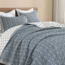 Finlonte Cotton Quilt King Size - 100% Cotton King Comforter Set, Botanical Chic Quilt Bedding Set, Lightweight Reversible Soft Quilted Bedspread for King Bed, Grayish-Blue/White, All Season, 3 Pieces