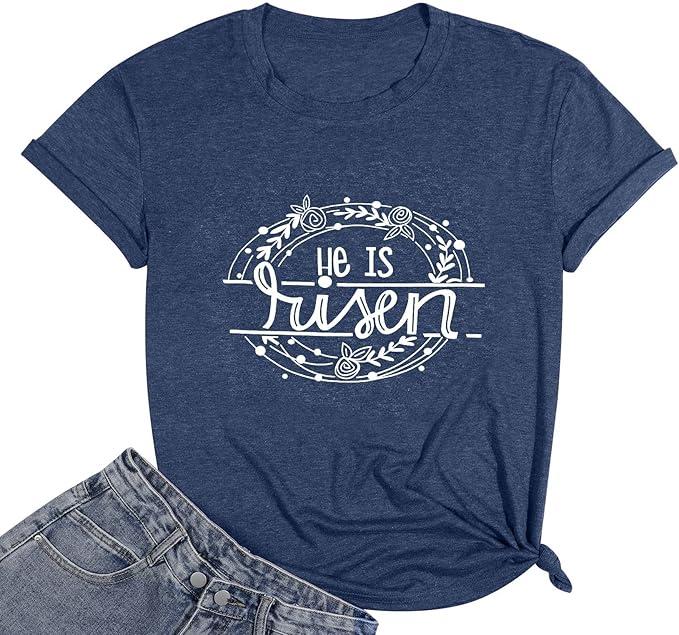 Happy Easter Shirts for Women Floral Rabbit Bunny Shirt Easter Short Sleeve Tee Tops (XL, Blue)