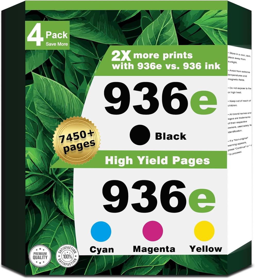 936e Ink Cartridges Combo Pack Compatible for HP 936 for OfficeJet Pro 9120e 9125e 9135e 9110b 9128e 9130b; Wide Format 9730e; OfficeJet 9122e Replacement for 936XL (Black Cyan Magenta Yellow 4-Pack)