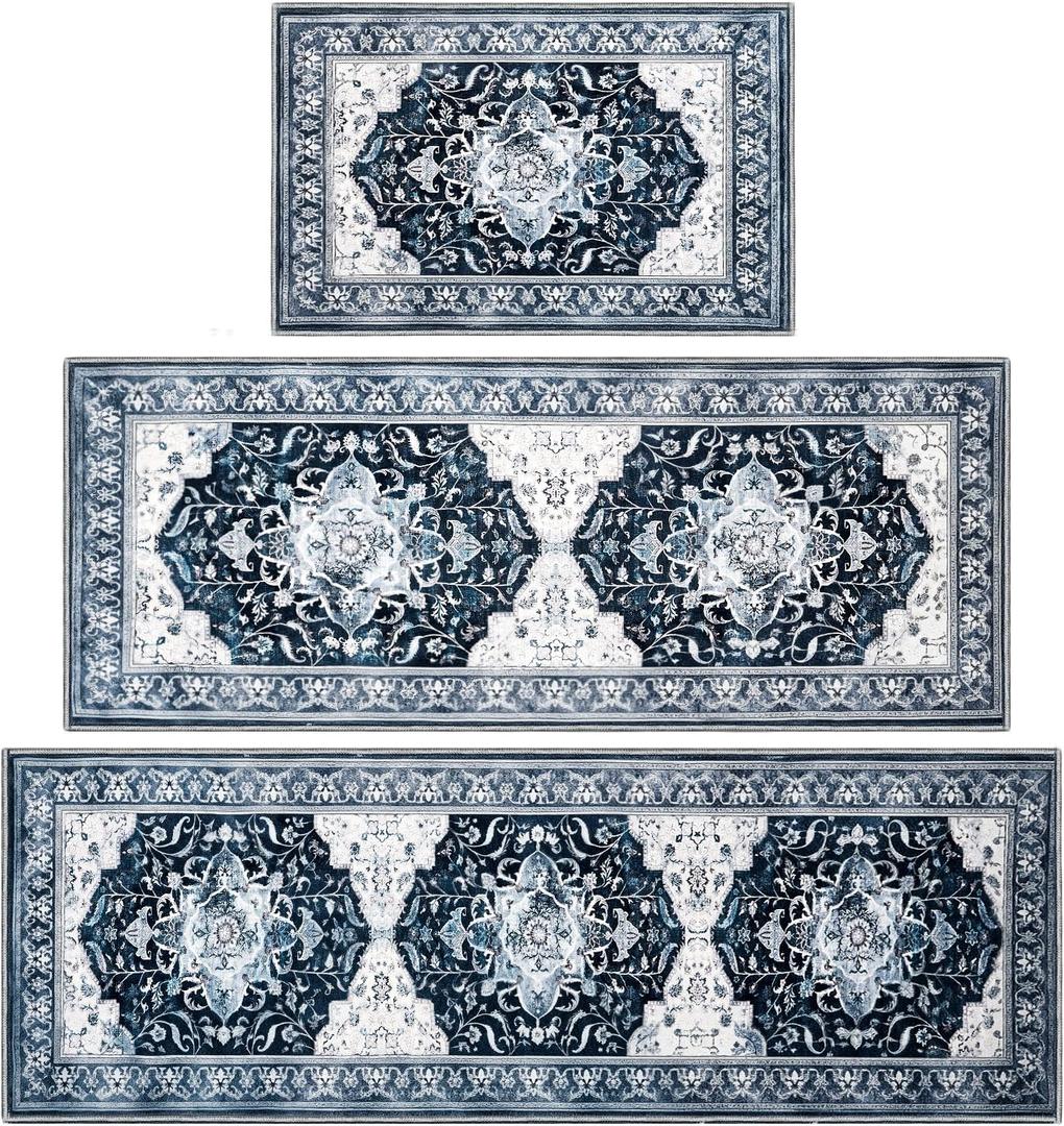Kitchen Rug Set 3Pcs, Boho Rug Sets Non Slip Washable for Floor Thick Farmhouse Kitchen Decor Runner Rugs for Kitchen, EntrywayLaundry, Hallways 20''x32''+20''x48''+20''x59 (Blue)
