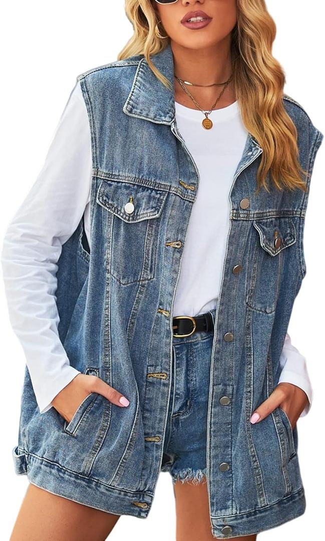 Perbai Women's Oversized Denim Vest Distressed Mid Long Sleeveless Jean Jacket Waistcoat with Pockets (Lightblue)