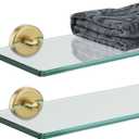 JQK Bathroom Glass Shelf Gold, Tempered Glass Shower Storage 12 by 5 inches, 304 Stainless Steel Brushed Gold Wall Mount 2 Pack, TGS101L12-BG-P2