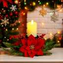 16 Inch Poinsettia Christmas Centerpiece Artificial Tabletop Decoration Candle Holder with Red Berries Artificial Pine Wreath or Home Festival Holiday Decoration(Poinsettia)