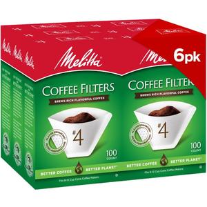 Melitta #4 Cone Coffee Filters, White, 100 Count (Pack Of 6), 600 Total Filters - Fits all 8-12 Cup Cone Coffee Makers and Pour-Overs, Compostable, Tear-Resistant, Made in USA