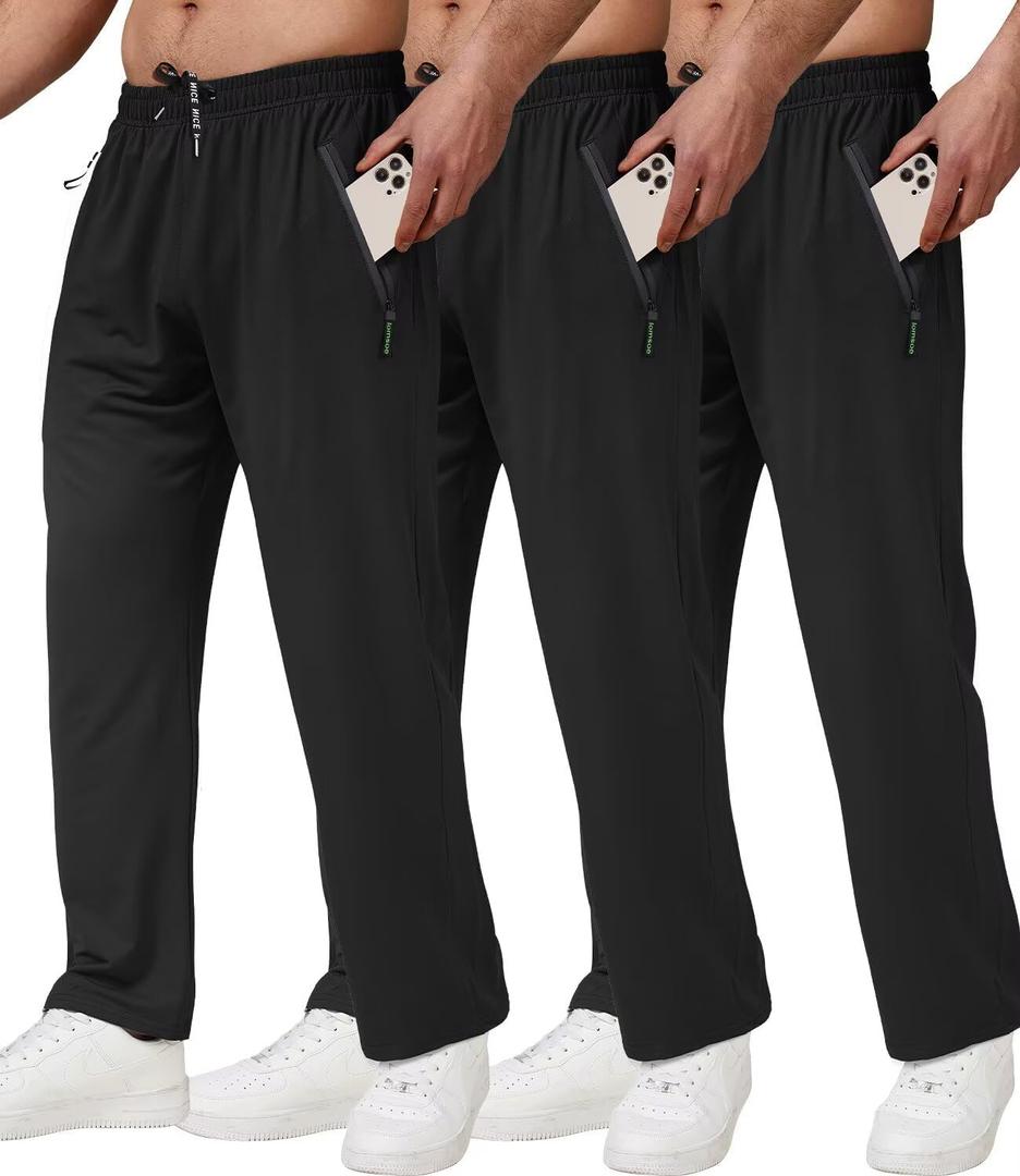 3 Pack Men's Athletic Pants with Zip Pockets, Lightweight, Quick Dry, Workout Sweat Pants (XX-Large, Black,Black,Black)