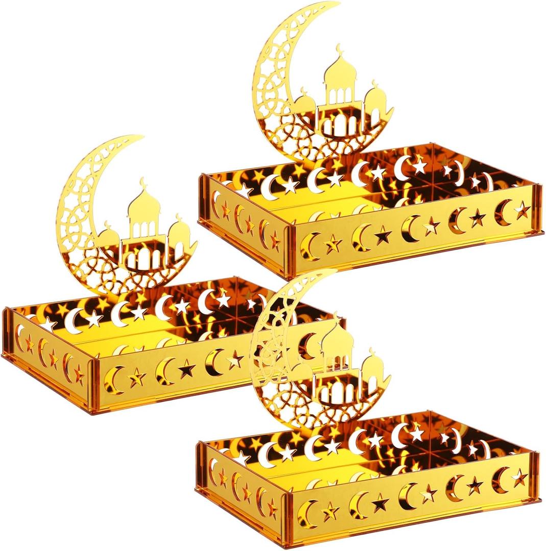 DoubleFill 3 Sets Ramadan Serving Tray Gold Eid Mubarak Holder Al-fitr Home Decoration for Moon Star Tray Gold Container for Home Islamic Muslim Party Tableware Kitchen Dessert Food Storage(Classic)