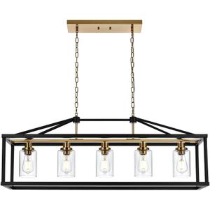 BONLICHT Rectangle 5 Lights Black Modern Dining Room Lighting Fixtures Hanging Over Table, Industrial Brushed Brass Chandeliers Farmhouse Kitchen Island Linear Pendant Light Ceiling with Clear Glass