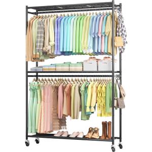 Sakugi Clothes Rack - 45.2" x 12.2" x 79.5" Clothing Rack with Shelves & Wheels, Multi-Functional Wardrobe Closet with Hooks, Sturdy Metal Garment Rack for Bedroom, Laundry, Balcony (Black)
