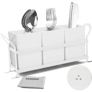 Cutlery Holder with Drain Holes, Silverware Caddy for Party, kitchen counter, 3pcs Bins Set Countertop Utensil Holder for Spoons, Forks and Knives, White
