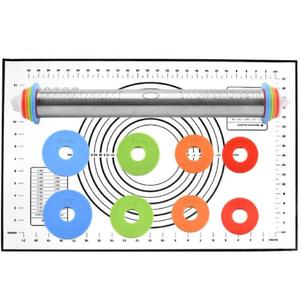 Rolling Pin and Silicone Baking Pastry Mat Set, Stainless Steel Dough Roller with Adjustable Thickness Rings, for Pizza, Pie, Pastries, Pasta, Cookies (Black)