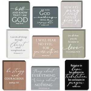 Yousoontic 9 Pcs Small Christian Desk Wall Decor Bulk Mini Wooden Inspirational Bible Verse Quotes Aesthetic Table Decor for Sunday School Mother's Day Church Office Desk(Boho,Simple)