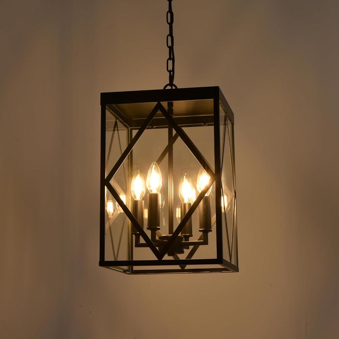 Outdoor Pendant Light 4 Lights Modern Outside Chandelier Outdoor Hanging Lantern Light with Clear Glass, Matte Black Exterior Pendant Lighting Fixture for Porch, Yard, Gazebo