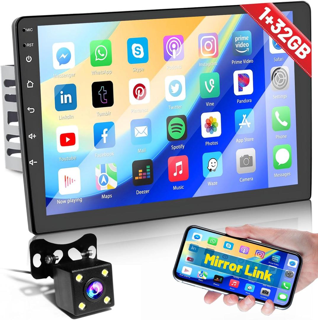 1G+32G Android Radio 10.1 Inch Double Din Car Stereo with GPS Navigation Touch Screen Car Radios with Backup Camera, Support WiFi Bluetooth FM, Mirror Link+Dual USB