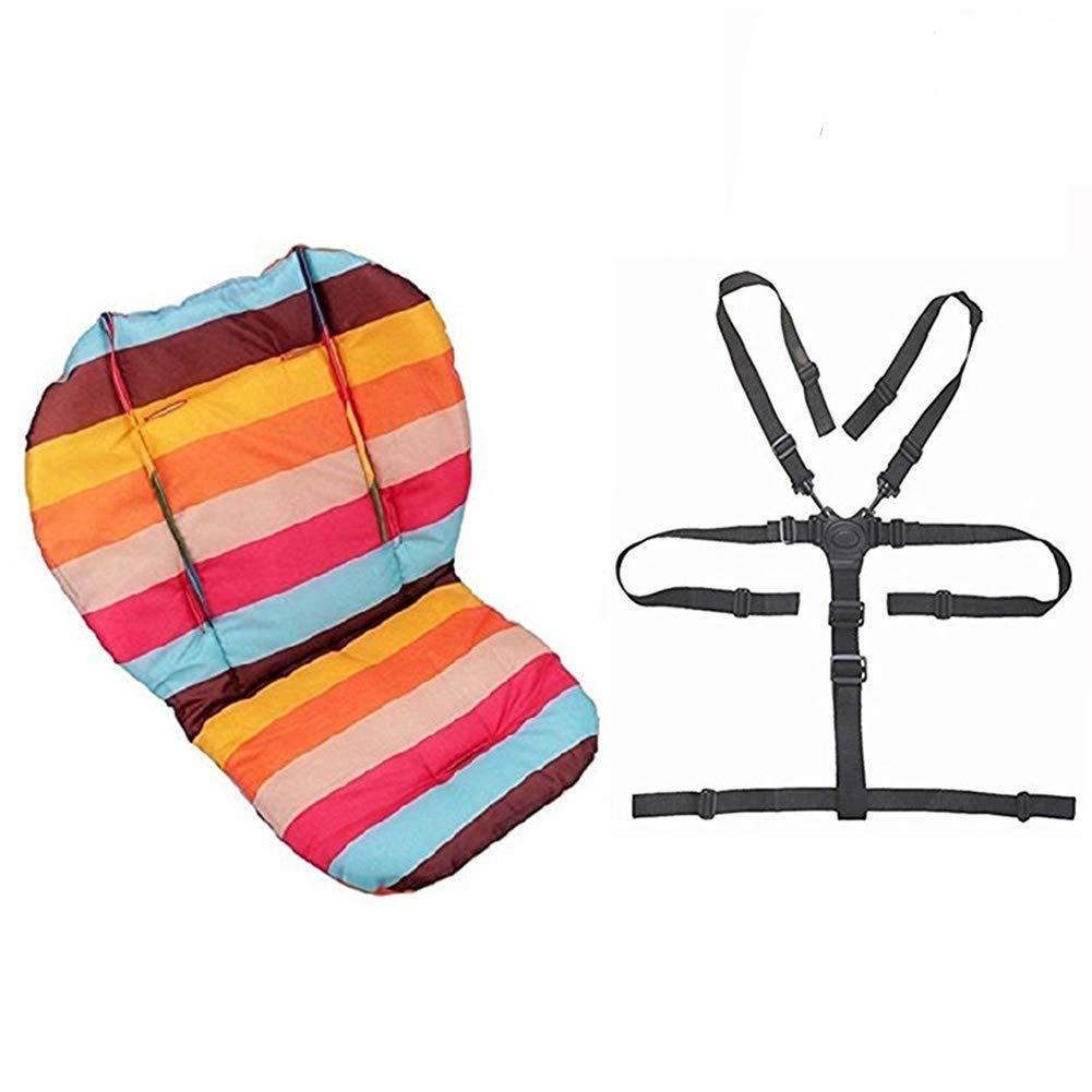 Twoworld Baby High Chair Seat Cushion Liner Mat Pad Cover Rainbow Striped Water Resistant and High Chair Straps (5 Point Harness) 1 Suit