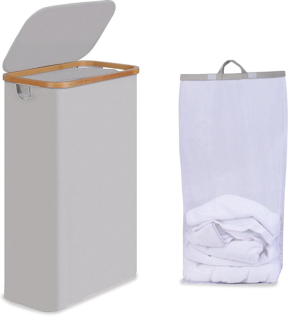 Efluky Slim Laundry Hamper with Lid, Narrow Laundry Hamper with Removable Bag, Collapsible Dirty Clothes Basket with Handles for Bathroom, Bedroom & Laundry Room, 75L Light Grey