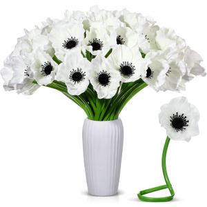 Censen 42 Pcs Artificial Poppy Flowers Bulk PU Silk Poppy Flowers 11 Inch Anemone Stems Artificial Floral Table Centerpiece Decor for Halloween Wedding Home Party Veterans Supplies(White)