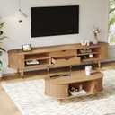 Merax Wooden Farmhouse TV Stand & Coffee Table Set with Charging Station,Oval Fluted Media Console with Sliding Doors for TV up to 80", Mid-Century Center Table with Wood Legs for Living Room,Natural, 18 inches x 81 inches x 5.25 inches